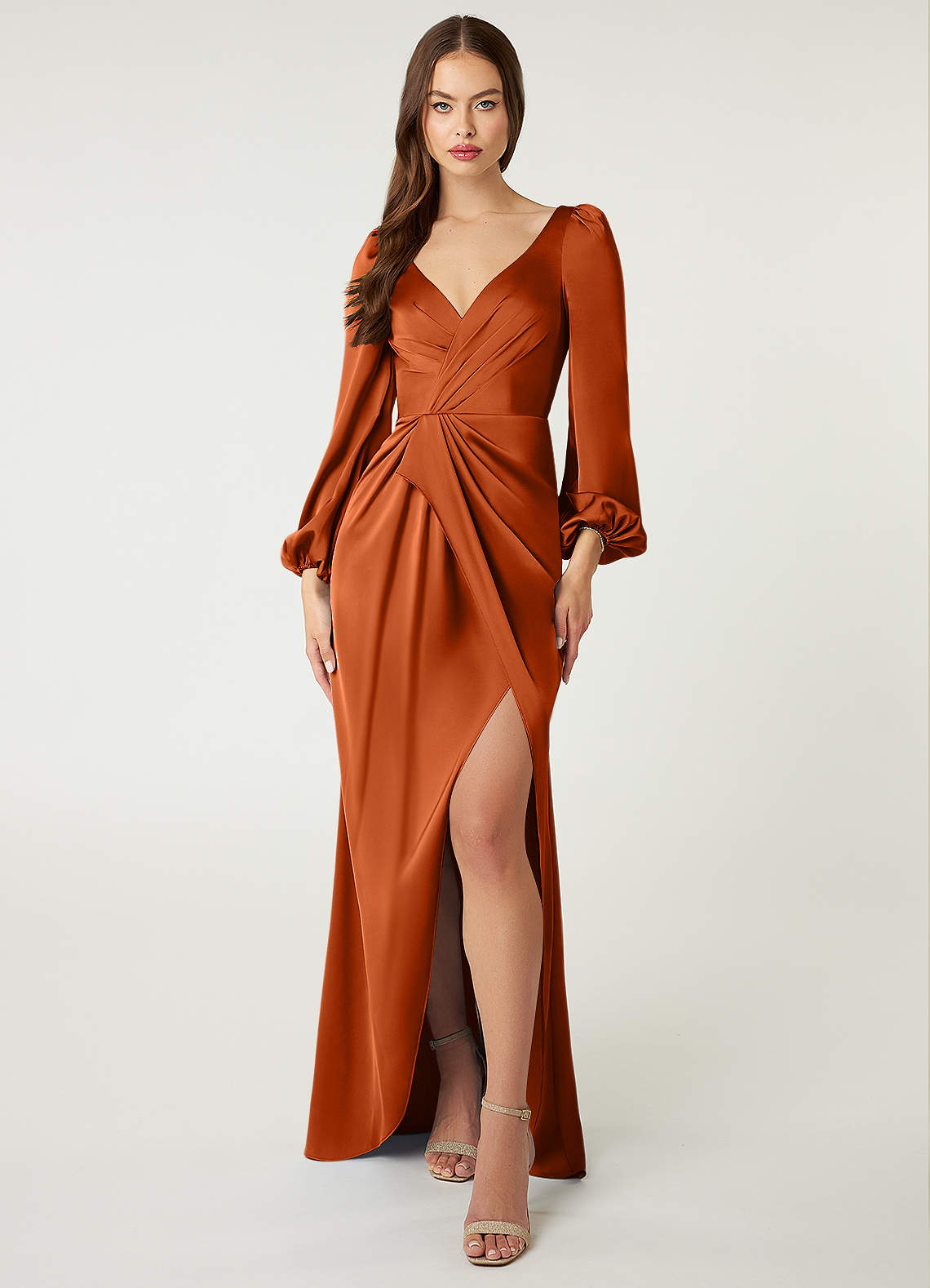 Azazie Mel Bridesmaid Dresses Burnt Orange Sheath Long Sleeve Stretch Satin Dress image1