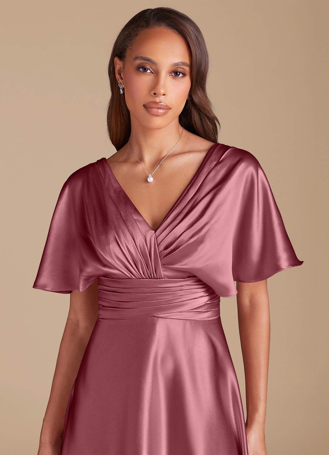 Azazie Pamela Bridesmaid Dresses Desert Rose A-Line Pleated Metallic Satin Dress image1
