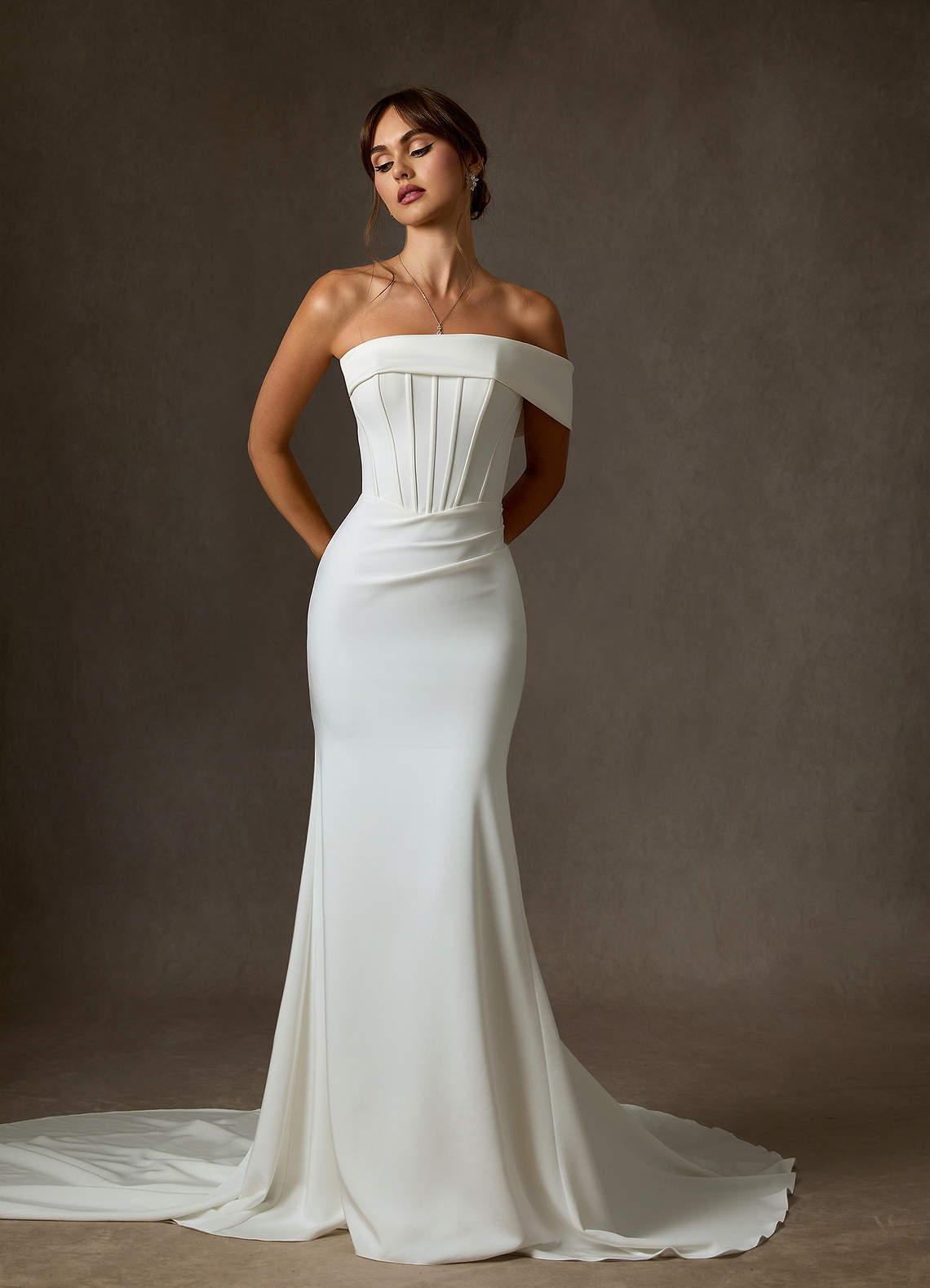 Azazie Grace Wedding Dresses Diamond White Mermaid Off the Shoulder Crepe Back Satin Dress image2