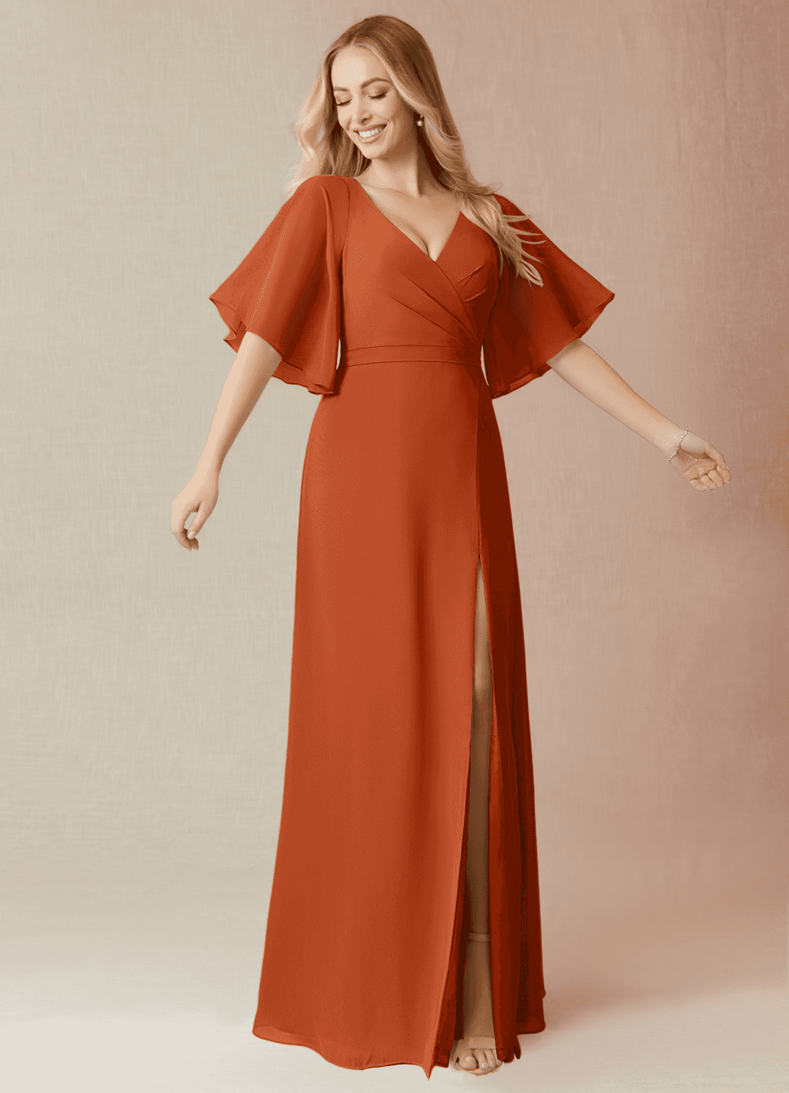 Azazie Cierra Bridesmaid Dresses Burnt Orange A-Line V-Neck Chiffon Dress image1
