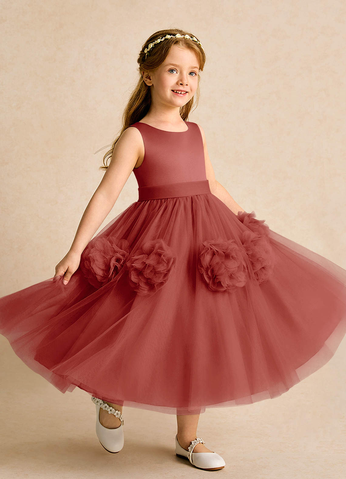 Azazie Vola Robe Demoiselle D'honneur Fillette Robe Princesse en Tulle Sans manches Terracotta image1
