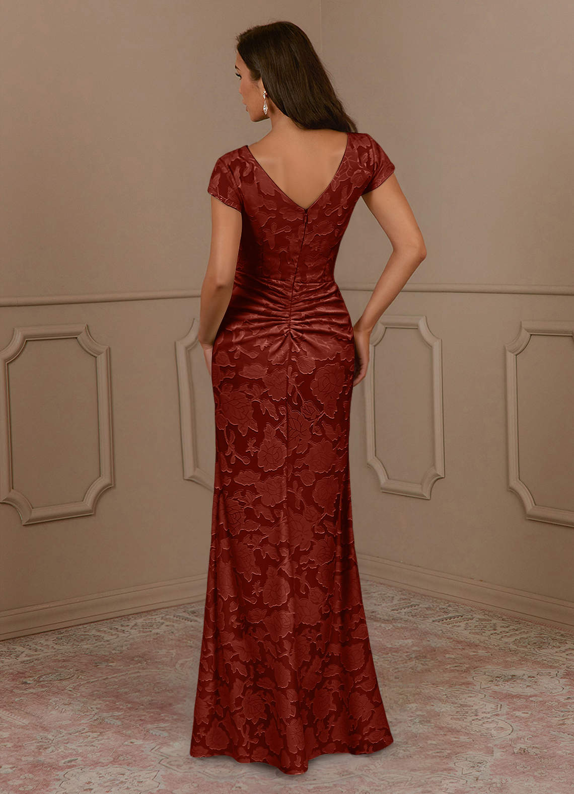 Azazie Roya Mother of the Bride Dresses Terracotta Mermaid Ruched Floral Burnout Dress image3