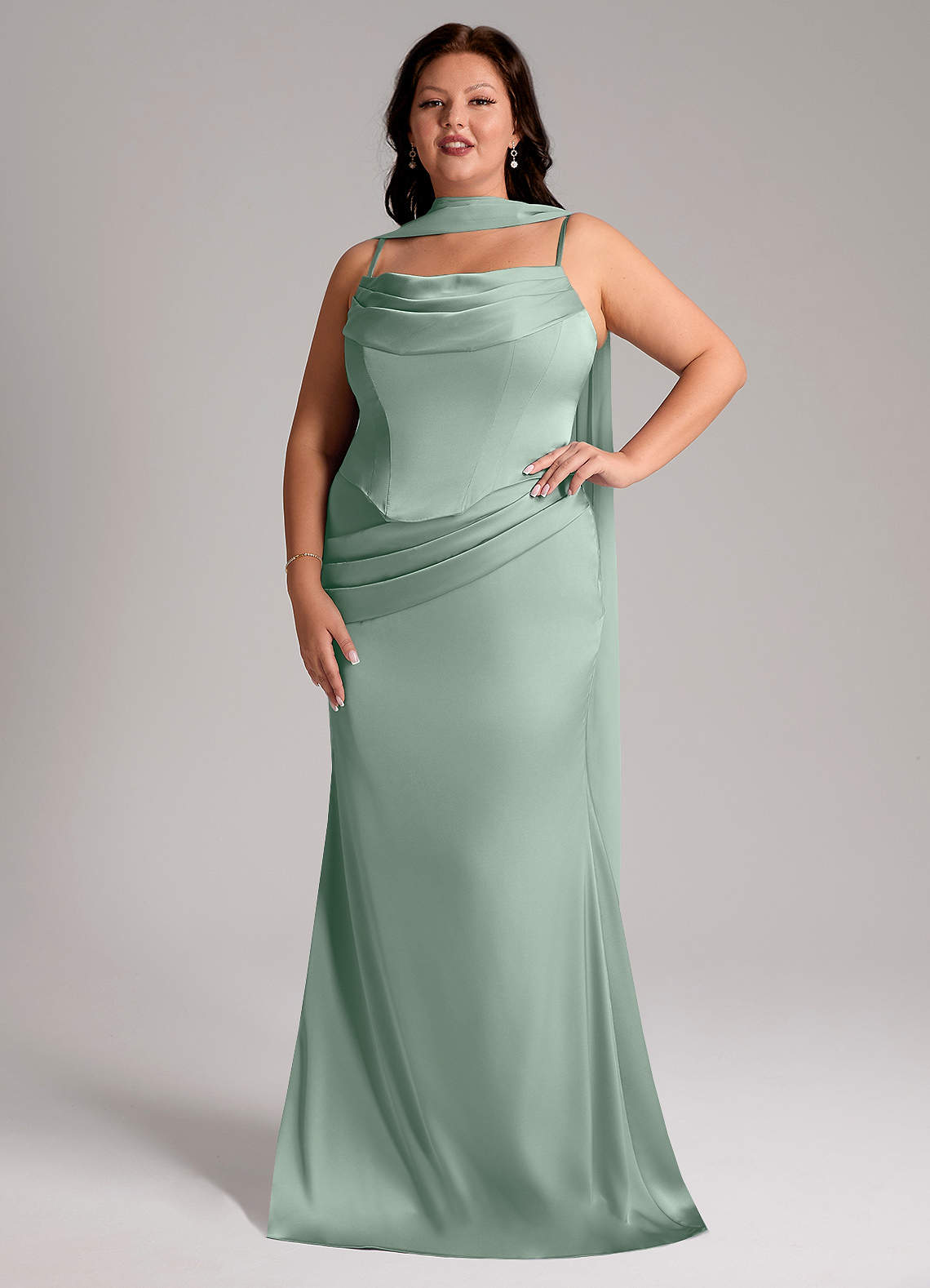 Azazie Sorrel At-home Try On Dresses Agave Mermaid Strapless Stretch Satin Convertible Dress image6