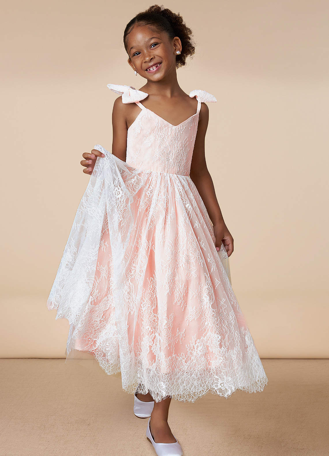 Azazie Tilly Flower Girl Dresses Diamond White Blushing Pink A-Line Lace Dress image1