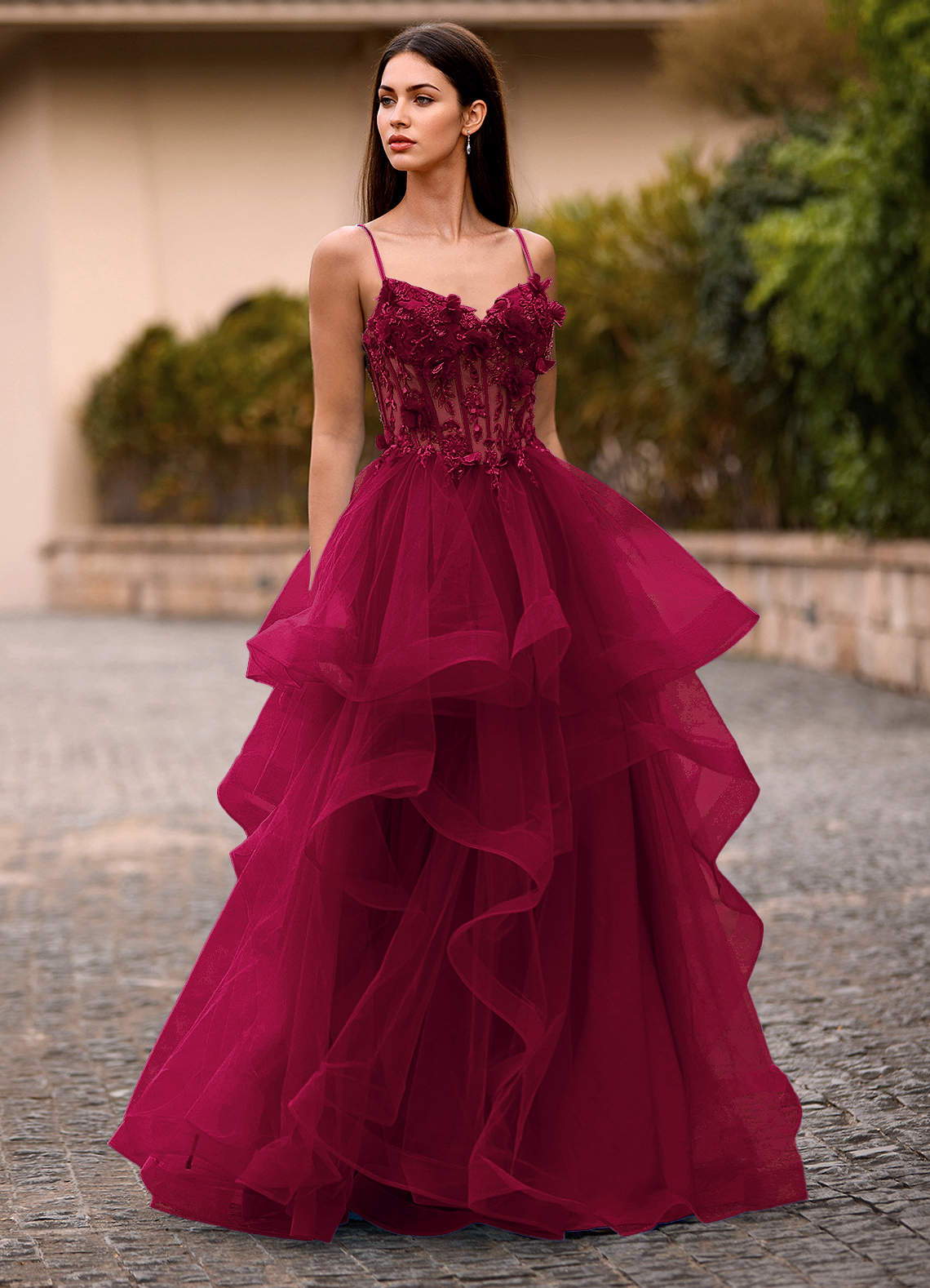 Dreama Burgundy Lace Corset Ruffle Prom Dress | Azazie Dreama Burgundy Lace Corset Ruffle Prom Dress | Azazie