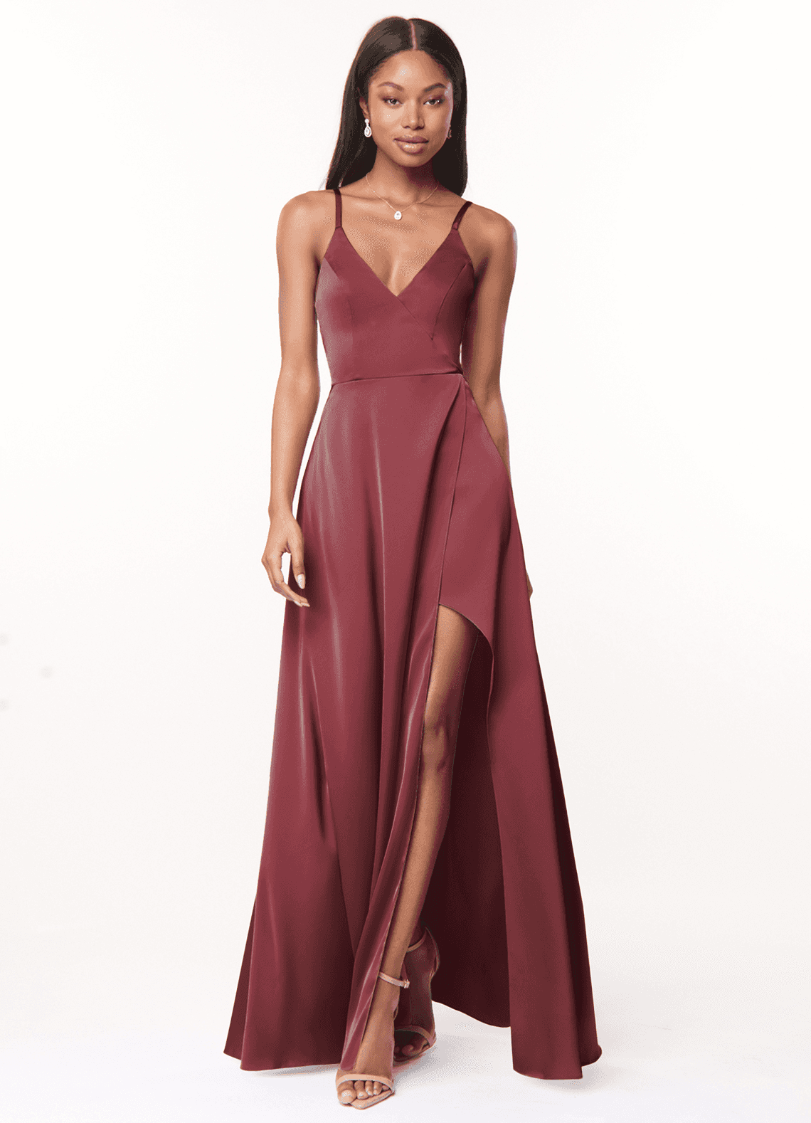 Azazie Maksim Bridesmaid Dresses Merlot A-Line V-Neck Stretch Satin Dress image1