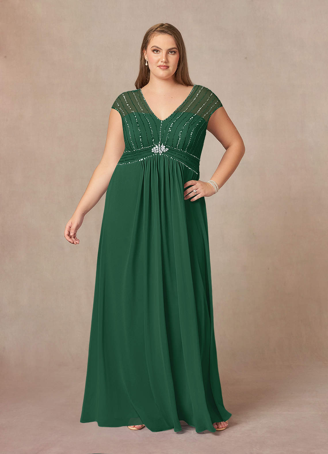Azazie Star Dark Green A-Line V-Neck sequins Chiffon Dress Ready to Ship |  Azazie