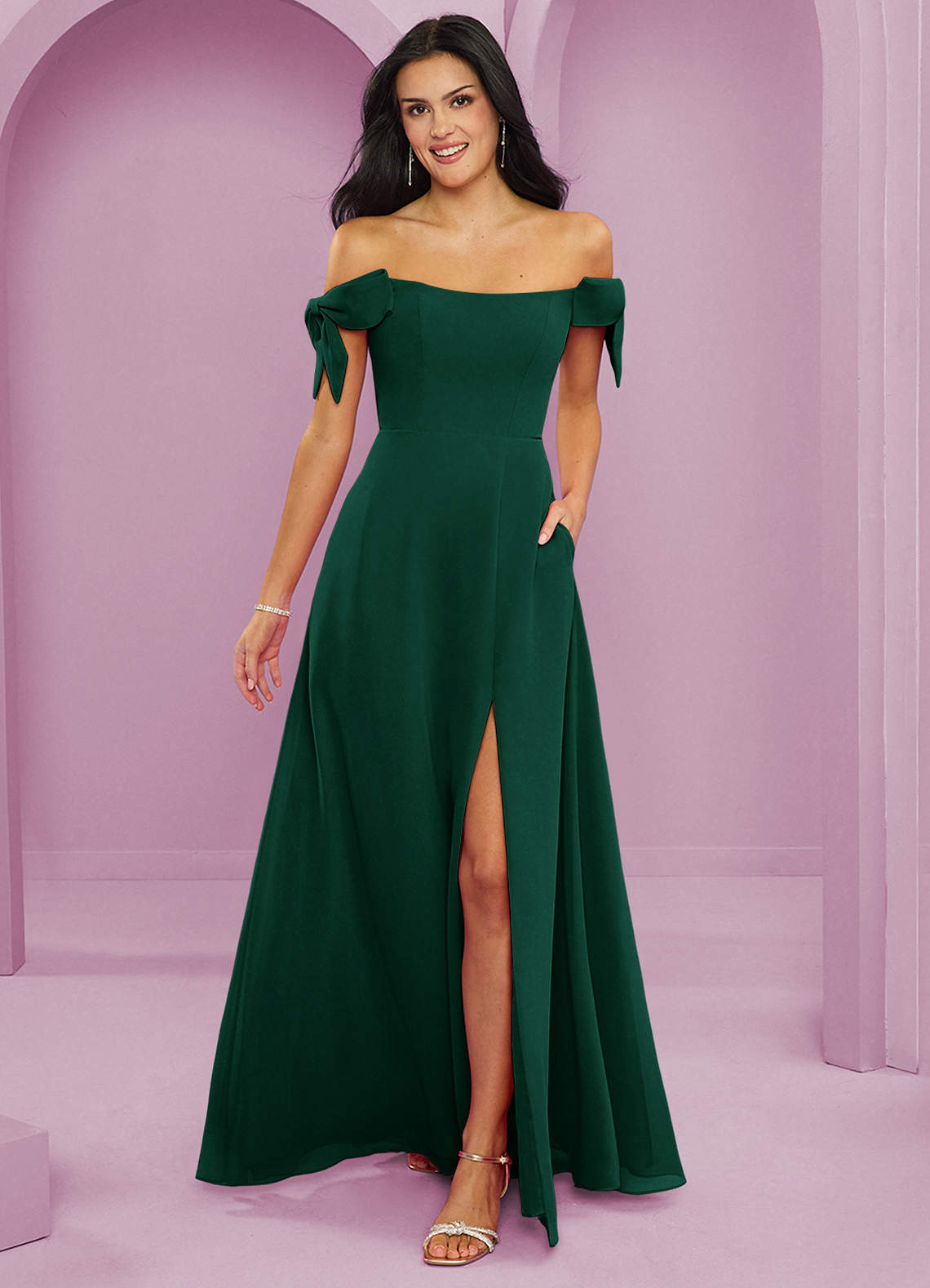 Barbie ♥ Azazie Bridesmaid Dresses Emerald A-Line Off the Shoulder Chiffon Convertible Dress image1