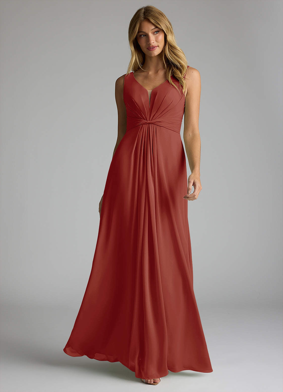 Azazie Gina Bridesmaid Dresses Terracotta A-Line V-Neck Pleated Chiffon Dress image1
