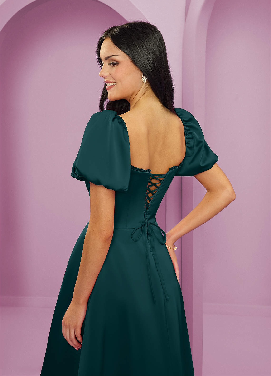 Barbie ♥ Azazie Robes de demoiselle d'honneur Robe Trapèze en Satin extensible Rayé Vert Pin image5