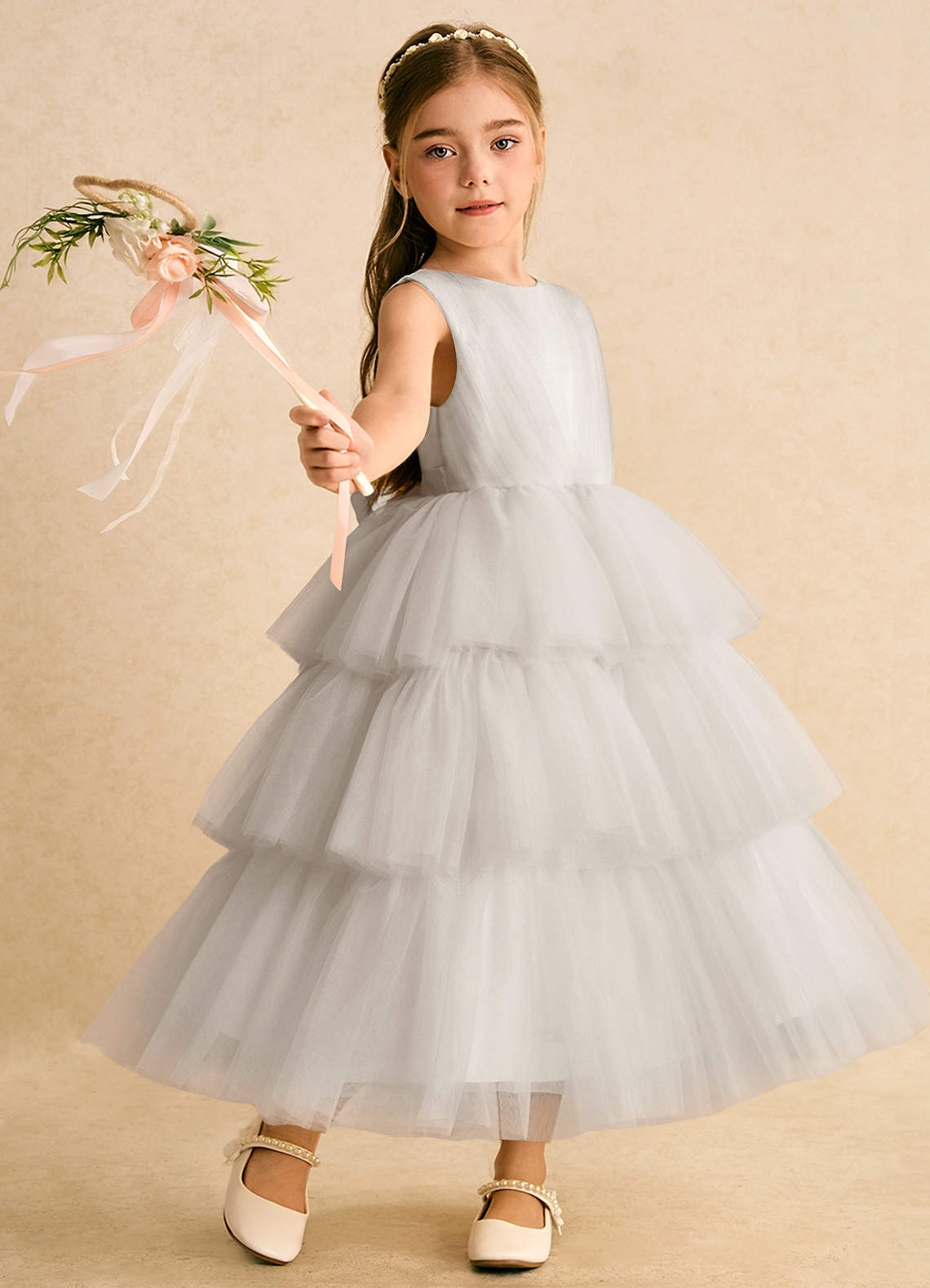 Azazie Marshmallow Blumenmädchenkleider Ballkleid Schleifen Tüll Kleid Frost image1