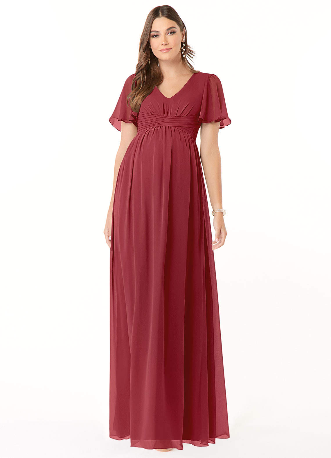 Azazie A-Line/Princess V-Neck Floor-Length Chiffon Maternity Bridesmaid Dresses - Pomegranate