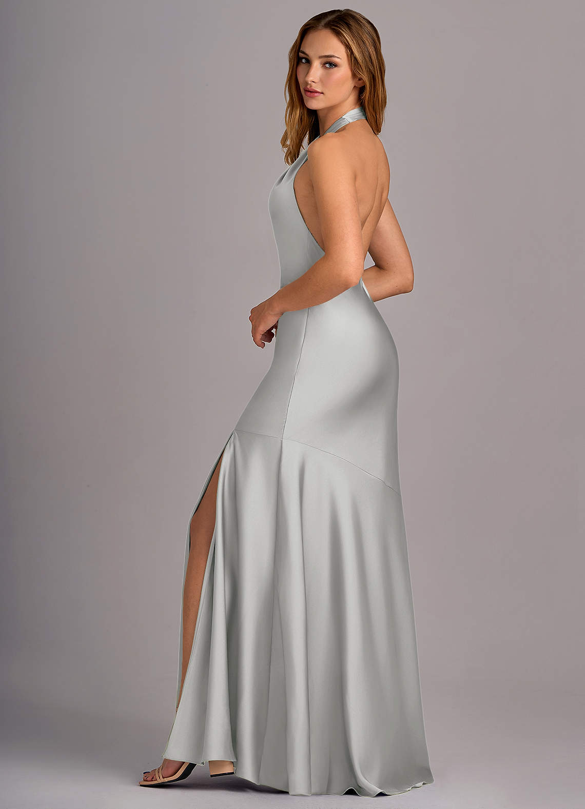 Azazie Lorena Silver Stretch Satin Bridesmaid Dresses | Azazie CA