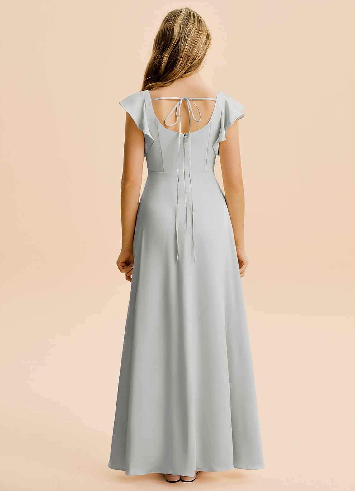 Azazie Bondi Junior Vestido Prata de Cetim elástico de Linha A com Fenda Lateral image1