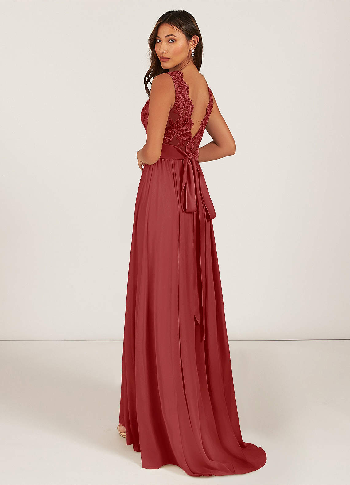 Azazie Gertrude Bridesmaid Dresses Rust A-Line Lace Chiffon Dress image4