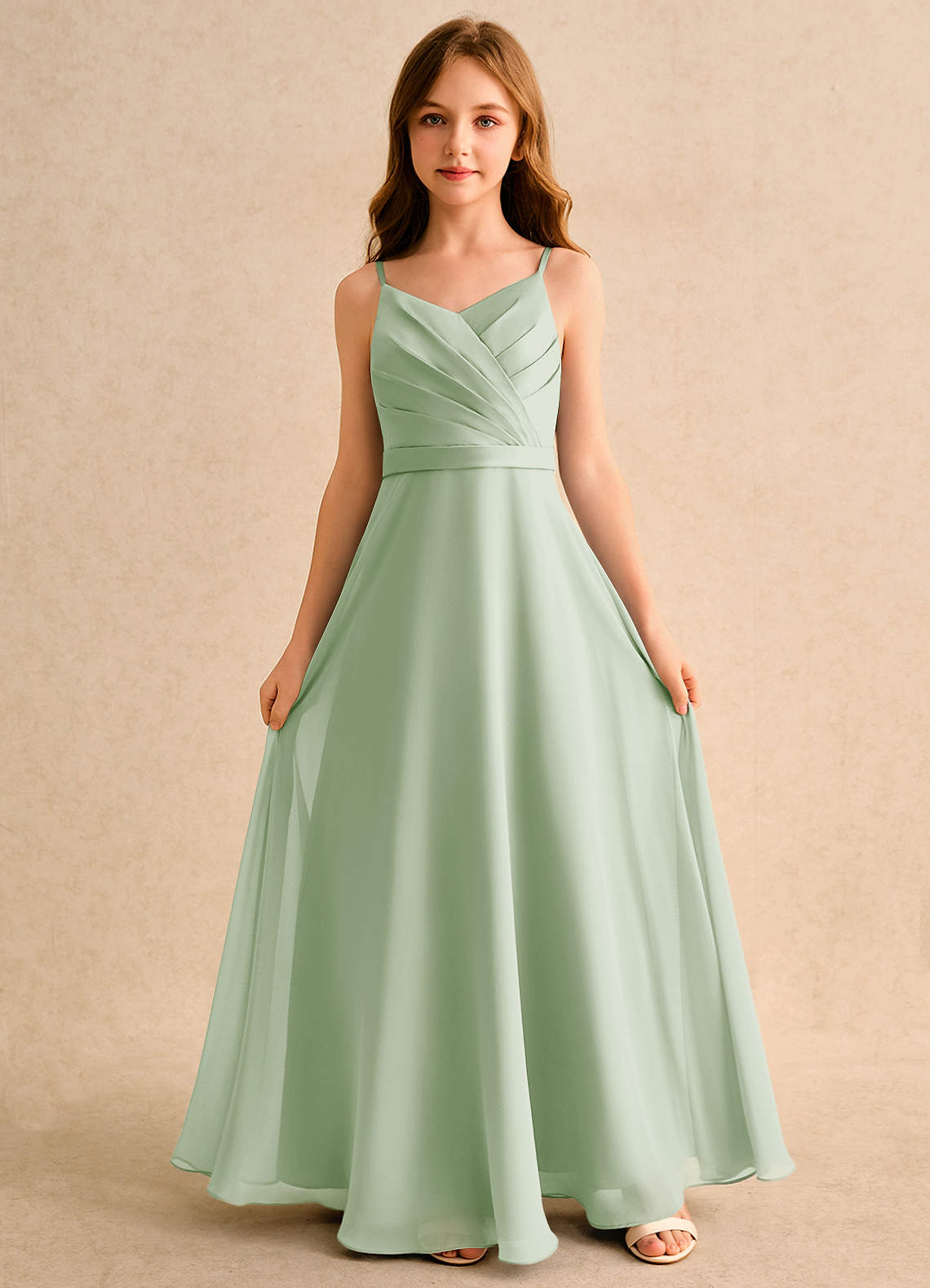Azazie Umina Girls Formal Dusty Sage A-Line Pleated Matte Satin Dress |  Azazie