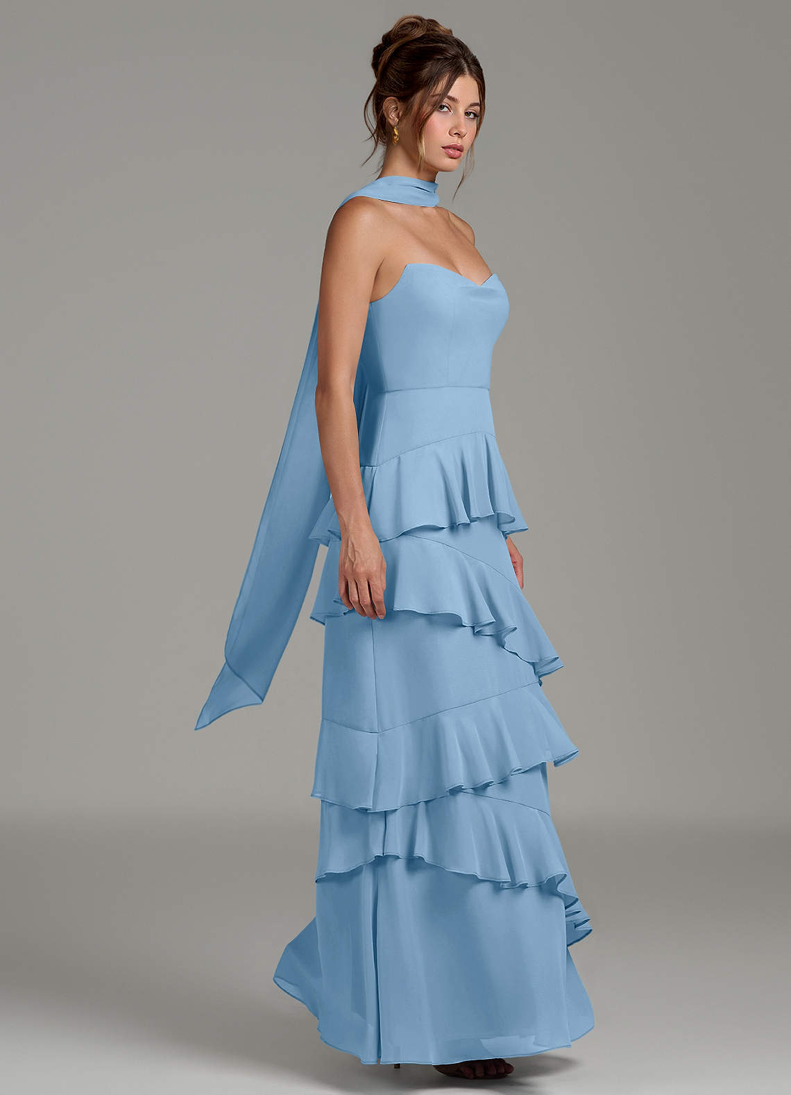 Azazie Imani Vestidos de prueba en casa Vestido de Azul Acero de Gasa de Línea A con Volante image5
