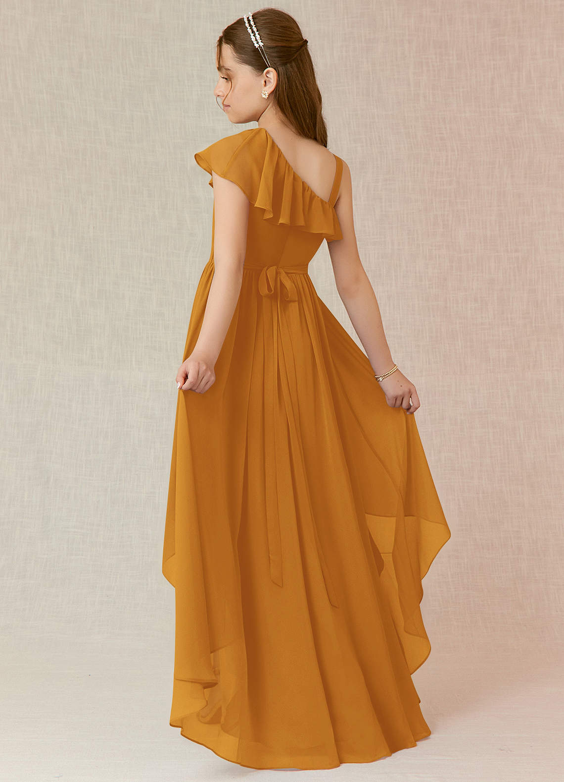 Azazie Mango Junior Butterscotch A-Line Ruched Chiffon Dress image1