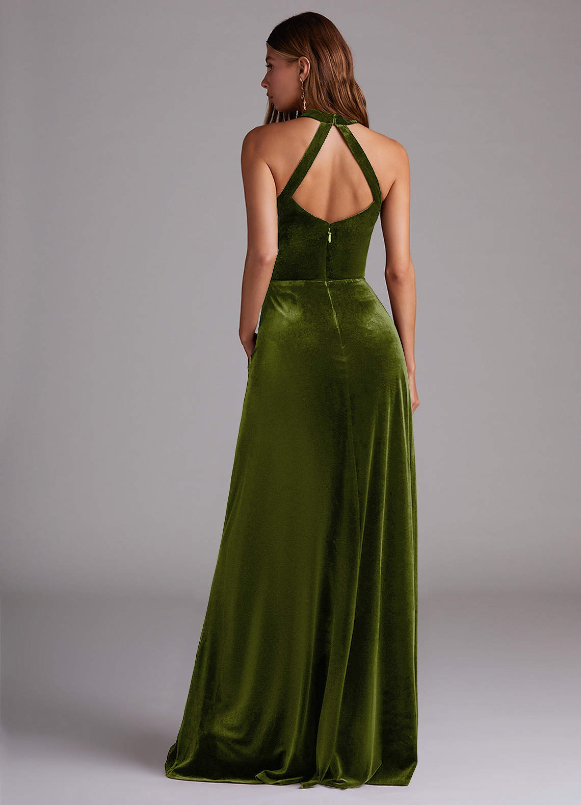Azazie Larice Bridesmaid Dresses Olive A-Line High Neck Velvet Dress image1
