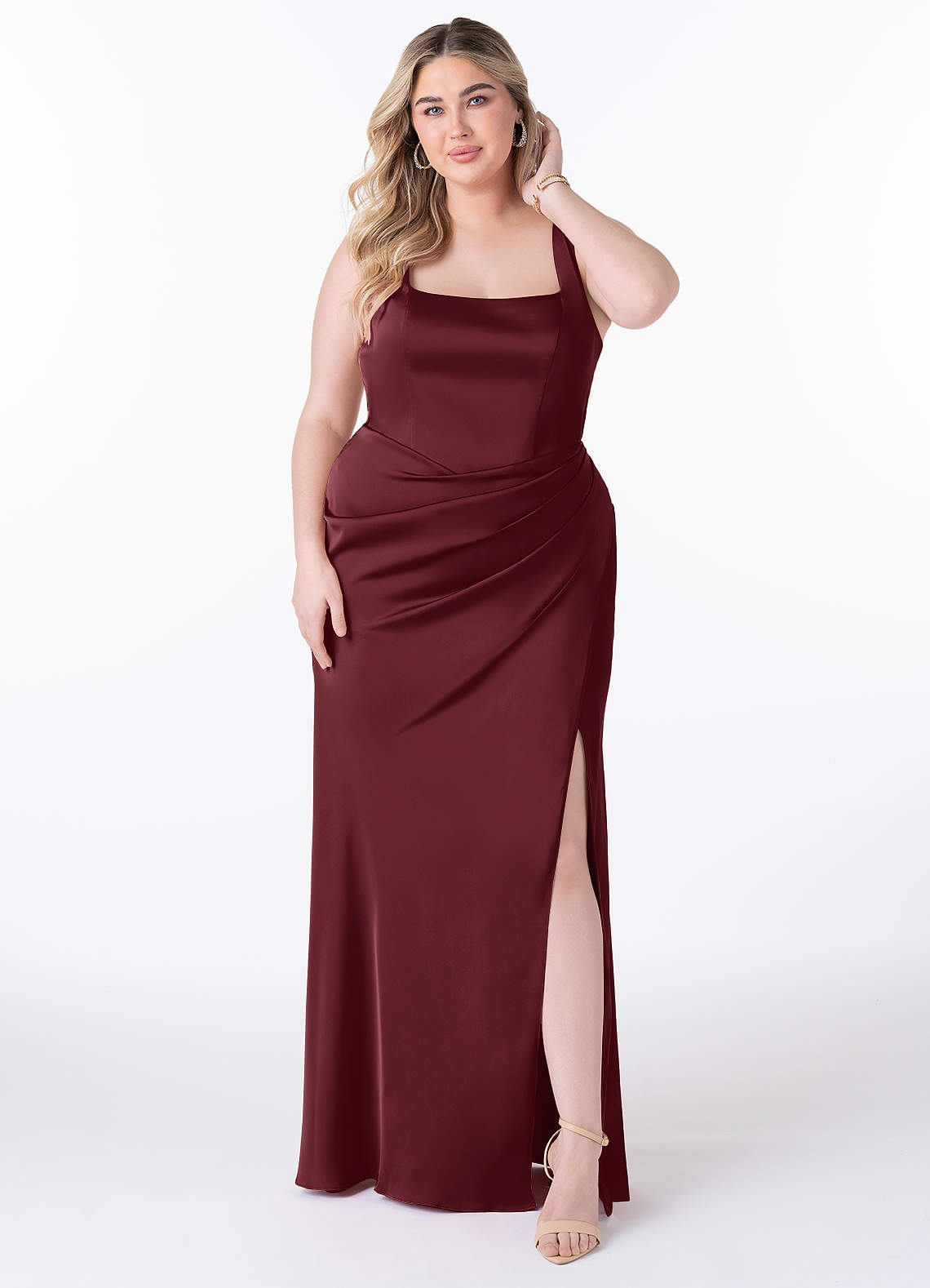 Azazie Mero Bridesmaid Dresses Cabernet Sheath Pleated Stretch Satin Dress image1