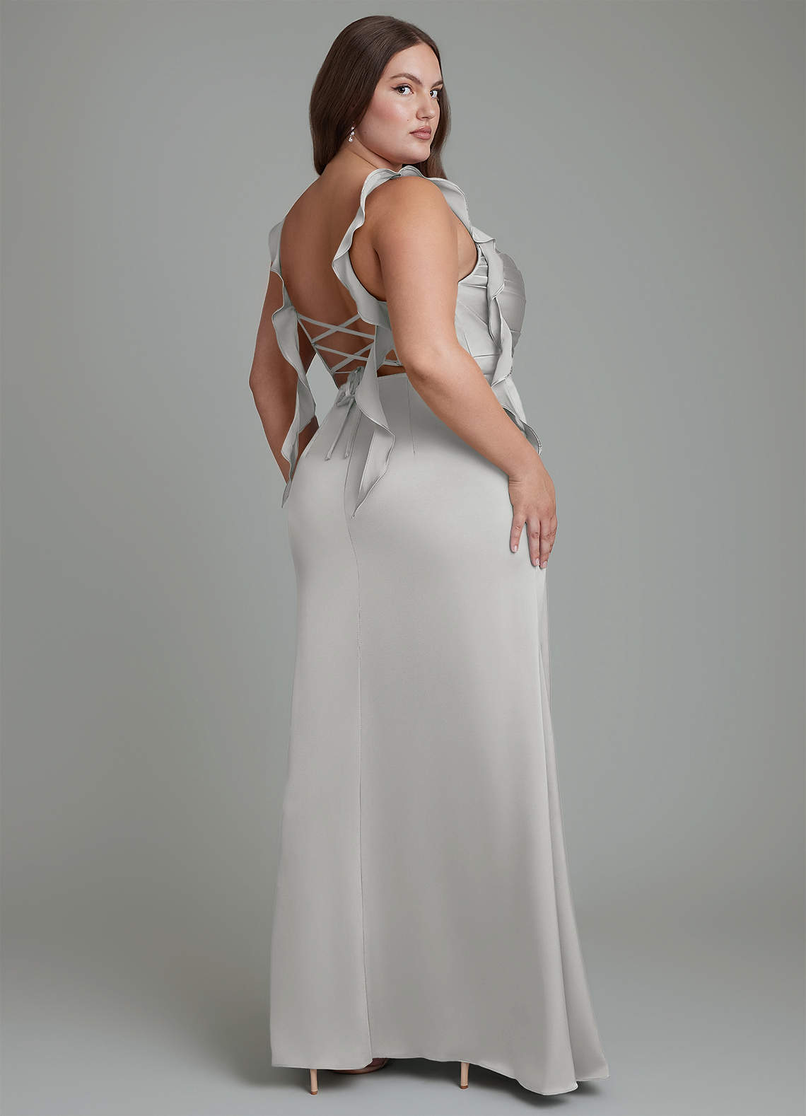 Azazie Jessamine Bridesmaid Dresses Silver Sheath Corset Stretch Satin Dress image8