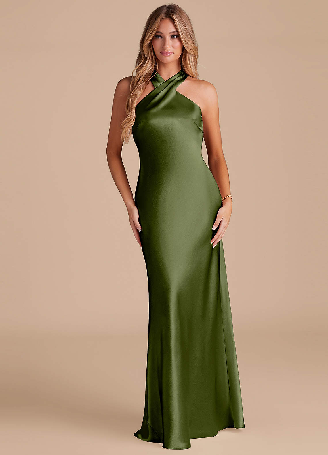 Azazie Doretta Bridesmaid Dresses Olive Mermaid Bow Metallic Satin Dress image1