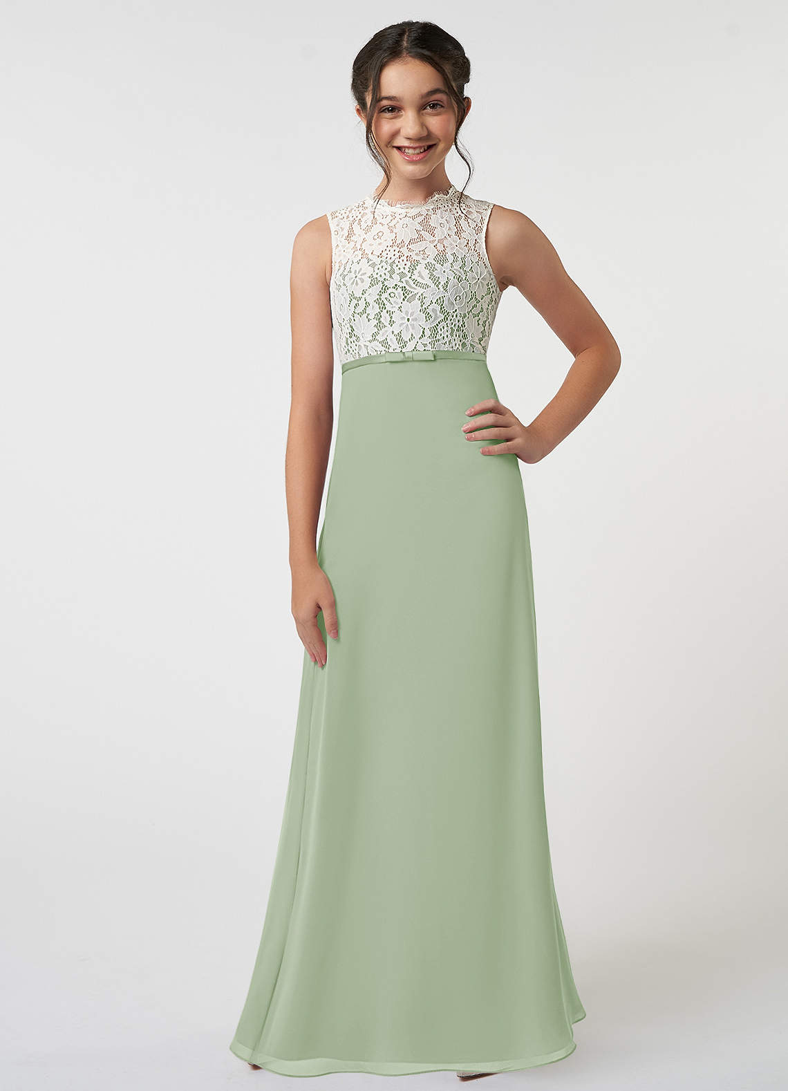 Azazie Rana Junior Robe Trapèze en Mousseline de soie Dentelle Vert Sauge image1