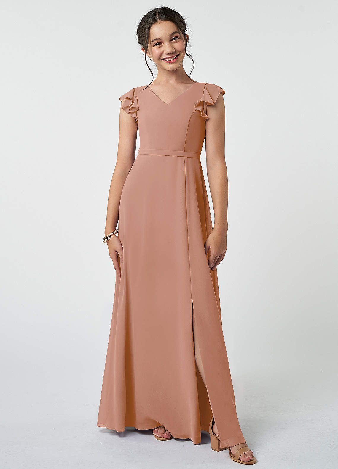 Azazie Claudine Junior A-Linie Plissee Chiffon Kleid Champagner Rosa image1