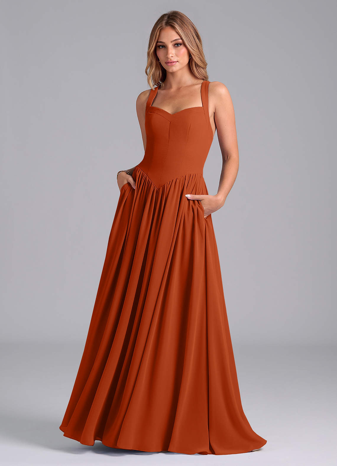 Azazie Francis Brautjungfernkleider A-Linie Korsett Chiffon Kleid Gebranntes Orange image1