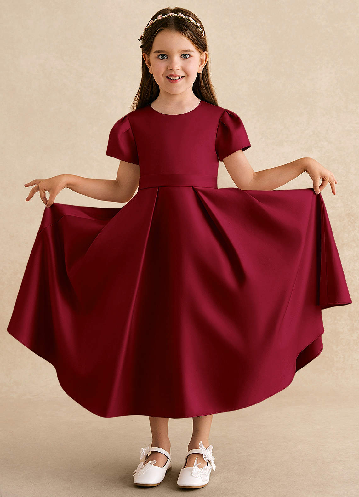 Azazie Princess Flower Girl Dresses Burgundy A-Line Pleated Matte Satin Dress image2