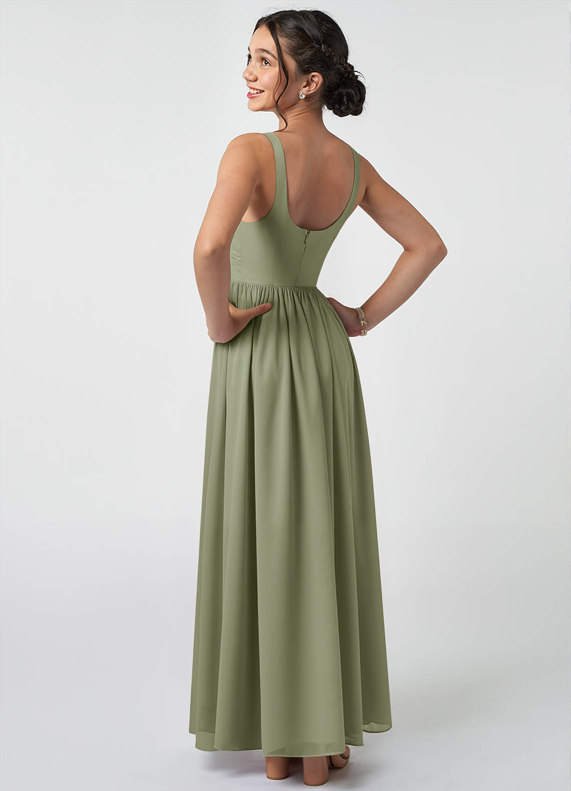 Azazie Keyla Junior Pistachio A-Line Pleated Chiffon Dress image3