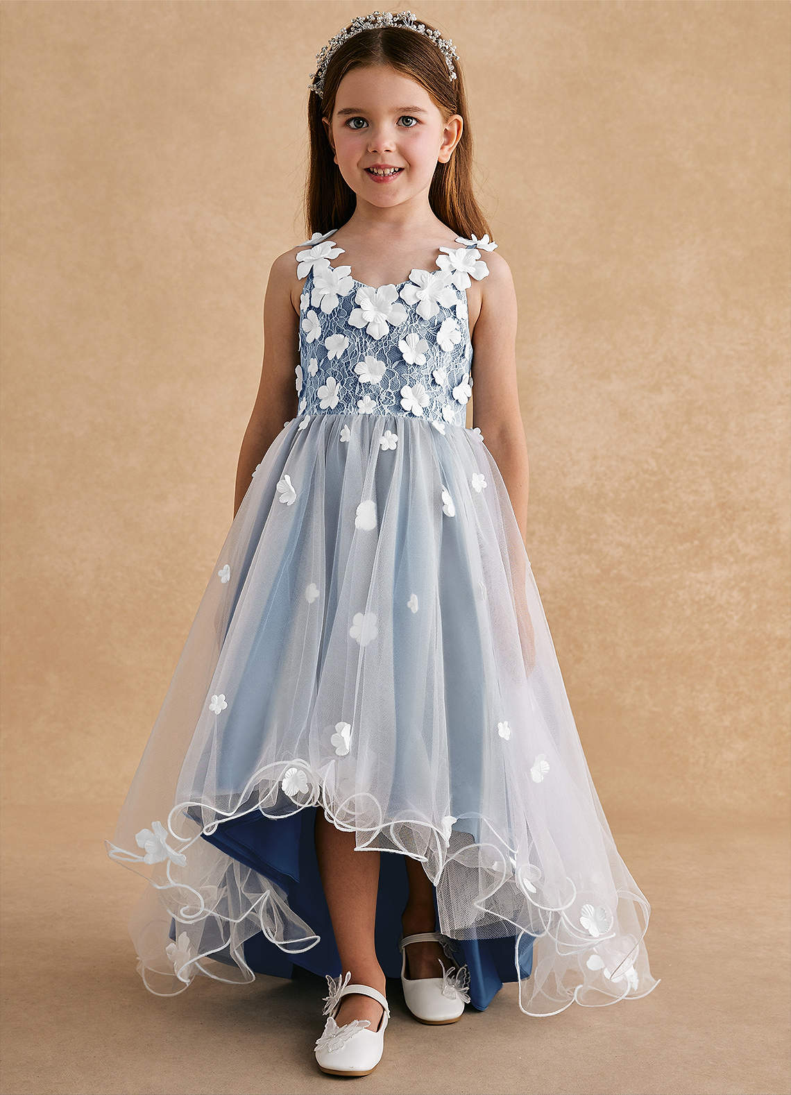 Azazie Celia Flower Girl Dresses Steel Blue A-Line Lace Tulle Dress image5