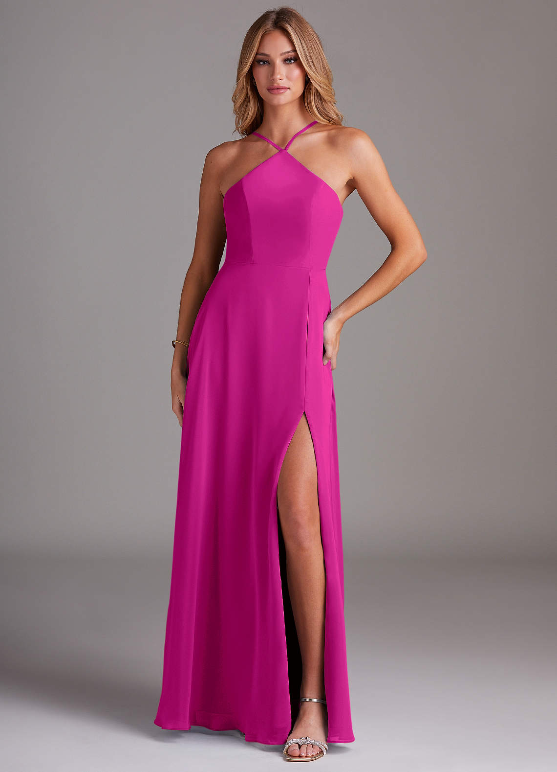 slim fit dress slacks Suzhoufashion Fuchsia Prom Dress Metallic Pleated Formal Dress with Slit main image 0