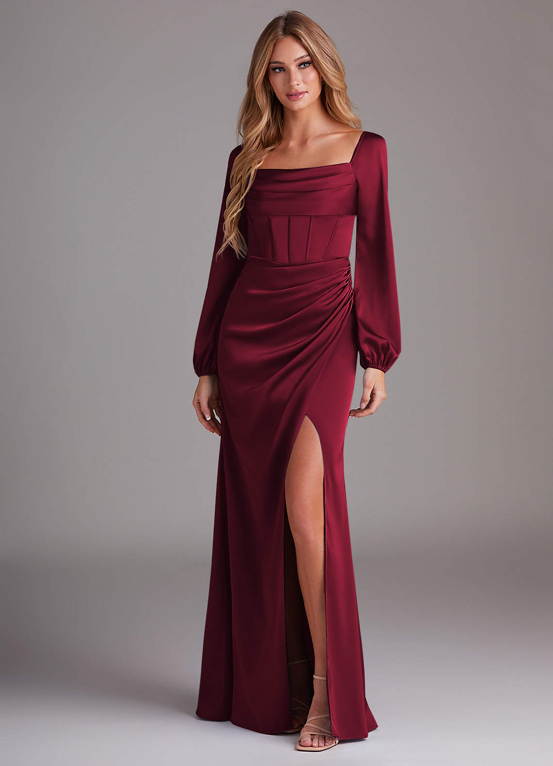 Azazie Charissa Bridesmaid Dresses Burgundy Sheath Long Sleeve Stretch Satin Dress image3