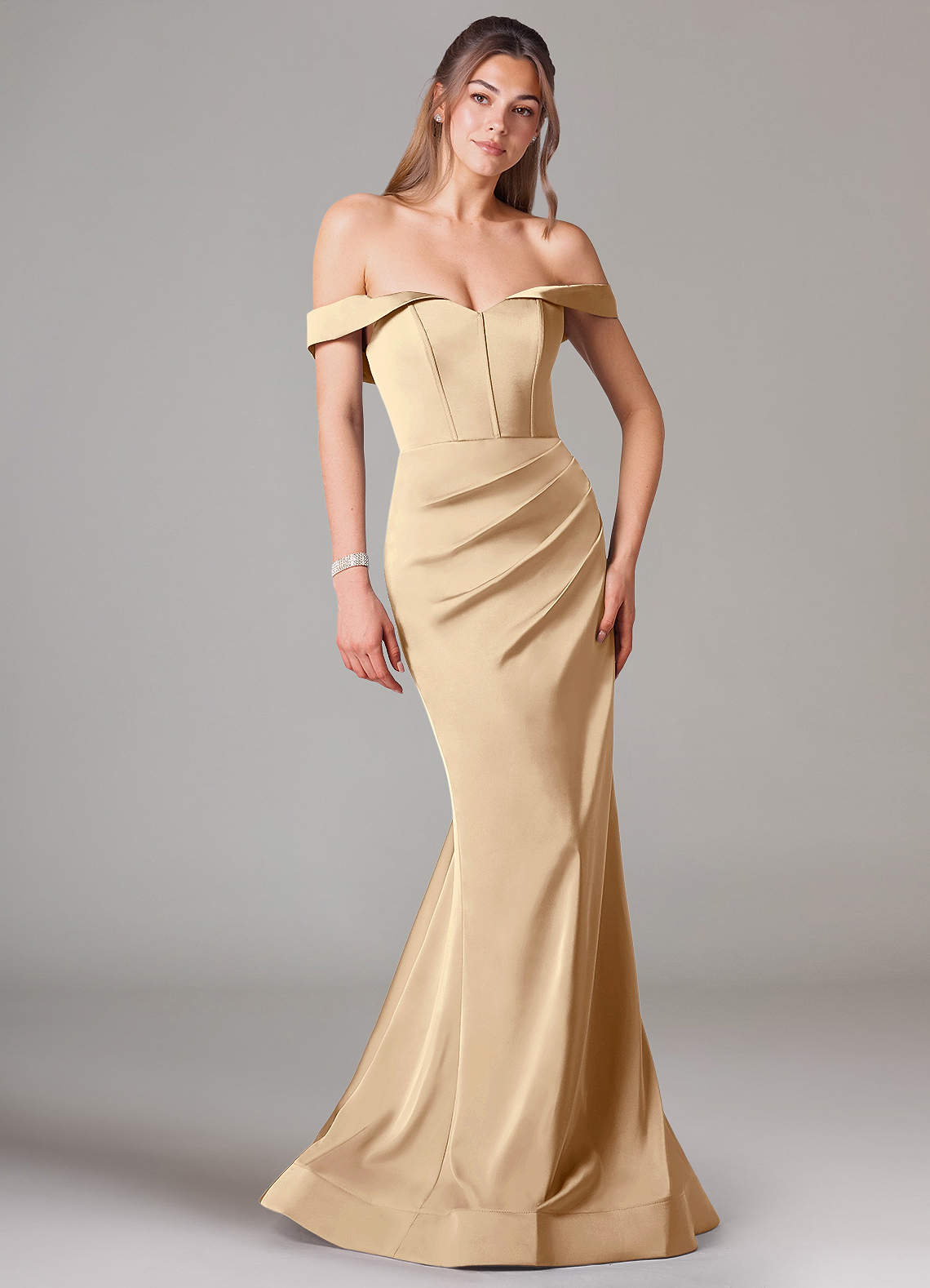 Azazie Everly Bridesmaid Dresses Champagne Mermaid Off the Shoulder Stretch Satin Convertible Dress image1