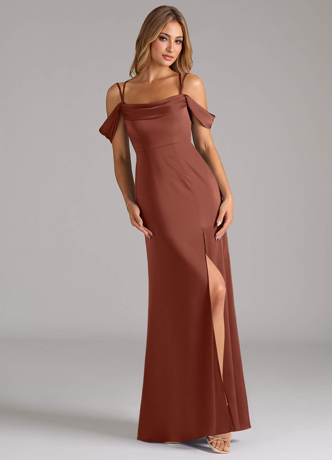 Azazie Callan Bridesmaid Dresses Auburn A-Line Pleated Stretch Satin Convertible Dress image1