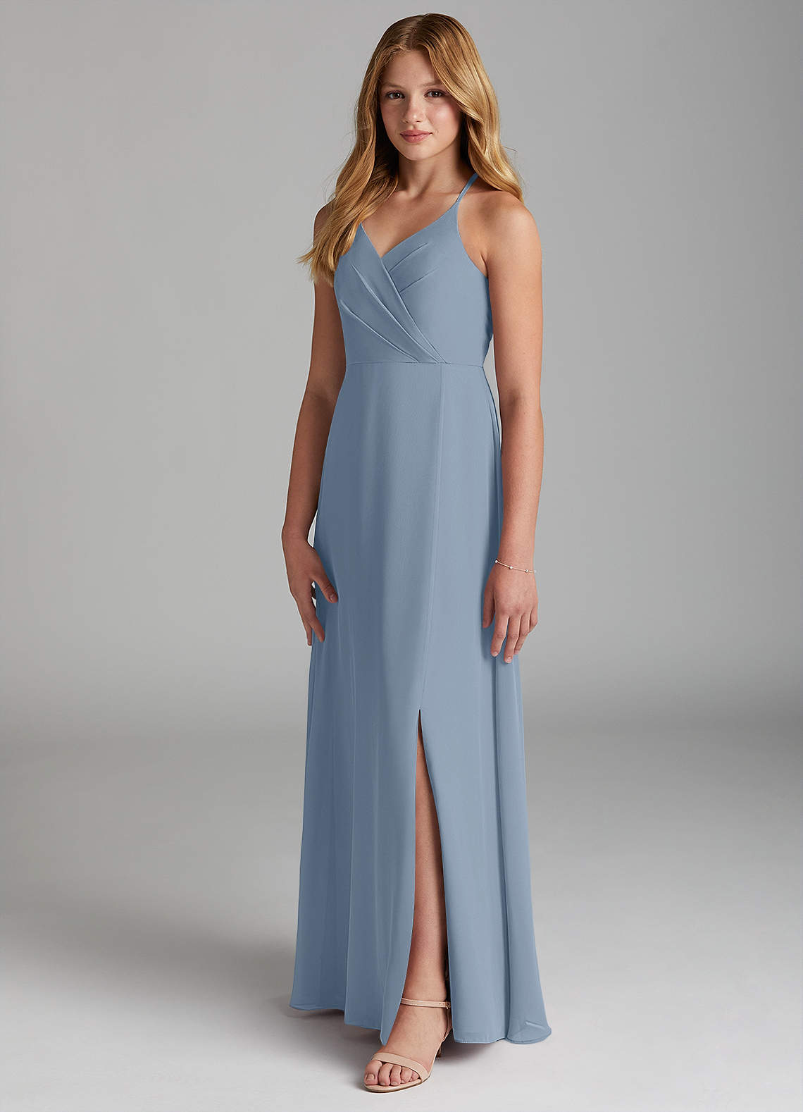 Azazie Davis Junior Jurk van Chiffon met A-Lijn Stoffig Blauw image3