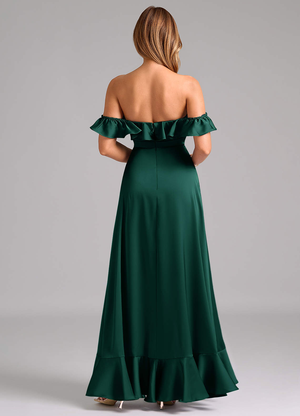 Azazie Lyra Bridesmaid Dresses Emerald A-Line Off the Shoulder Stretch Satin Convertible Dress image5