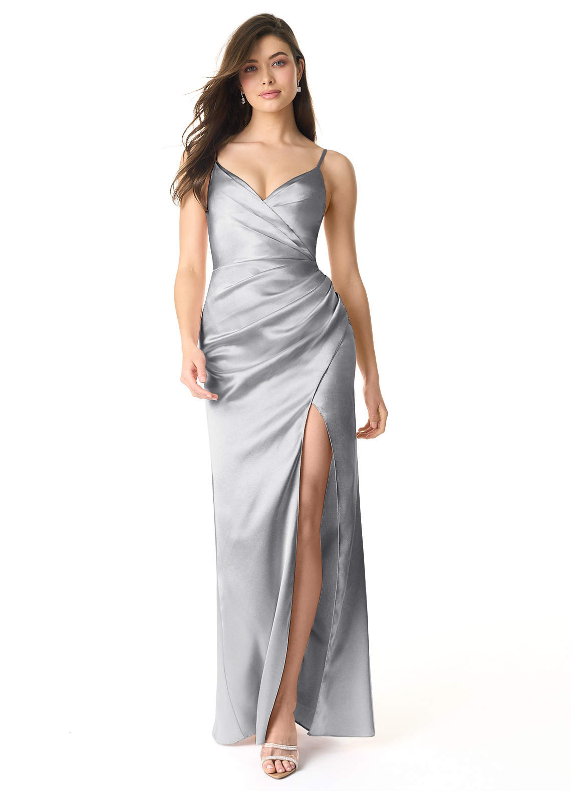 Azazie Sukia Bridesmaid Dresses Silver Mermaid Pleated Metallic Satin Dress image1