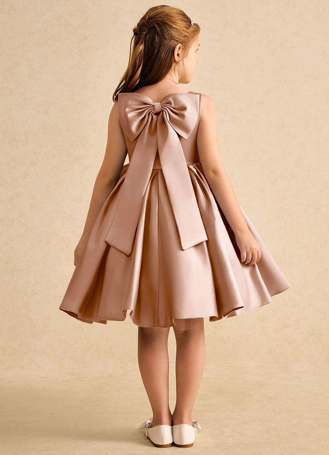 Azazie Jessie Flower Girl Dresses Champagne Rose A-Line Bow Matte Satin Dress image1