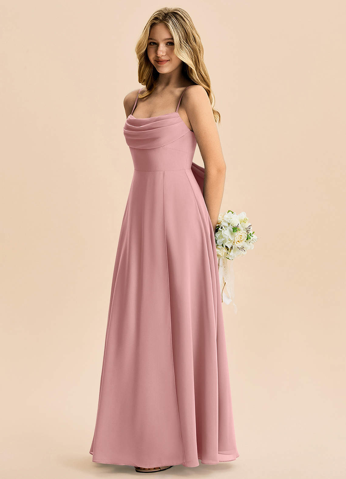Azazie Bear Junior Dusty Rose A-Line Pleated Chiffon Dress image4