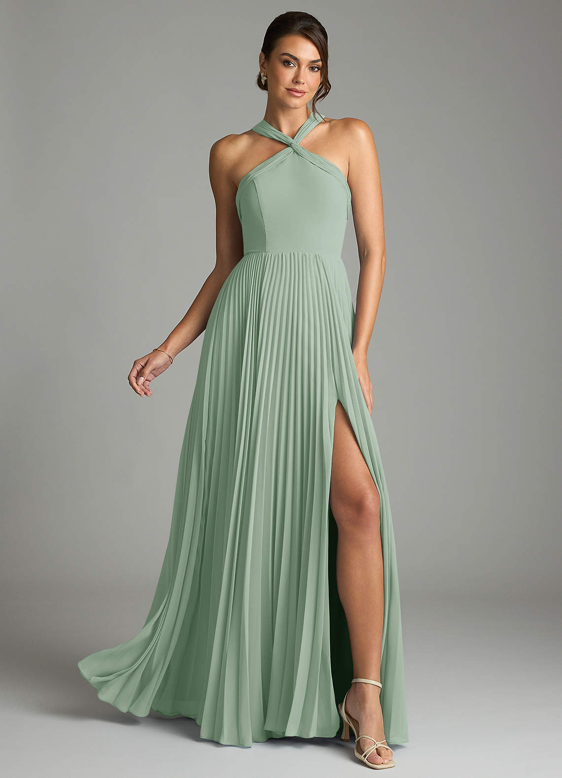Azazie Afra Abiti da Damigella Abito A-Line in Chiffon Plissettato Agave image1