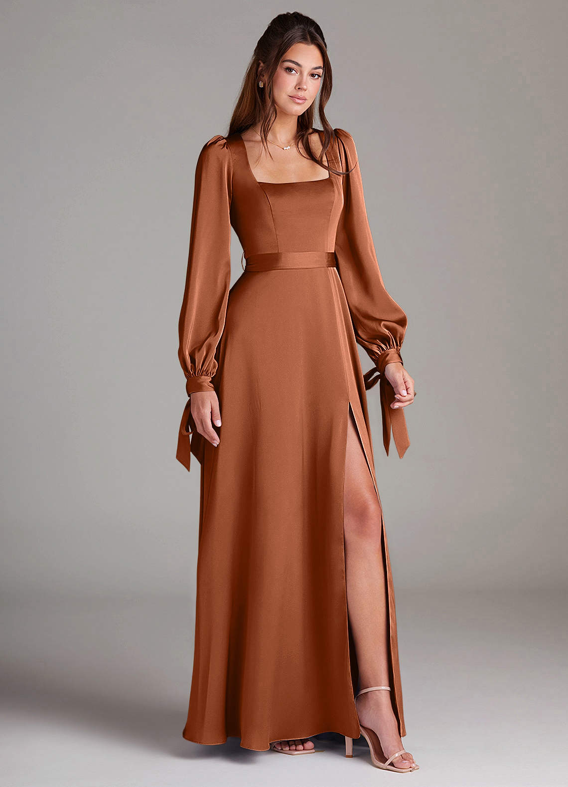 Azazie A-Line Square Neck Long Sleeve Floor-Length Stretch Satin Bridesmaid Dresses - Copper