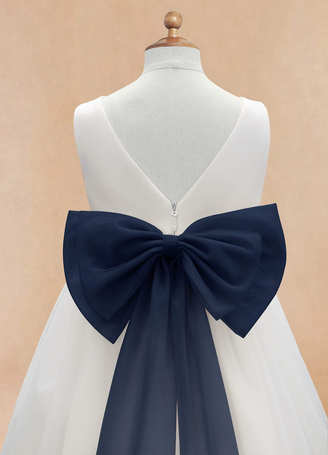 Azazie Kavi Flower Girl Dresses Ivory Dark Navy A-Line Bow Matte Satin Dress image9