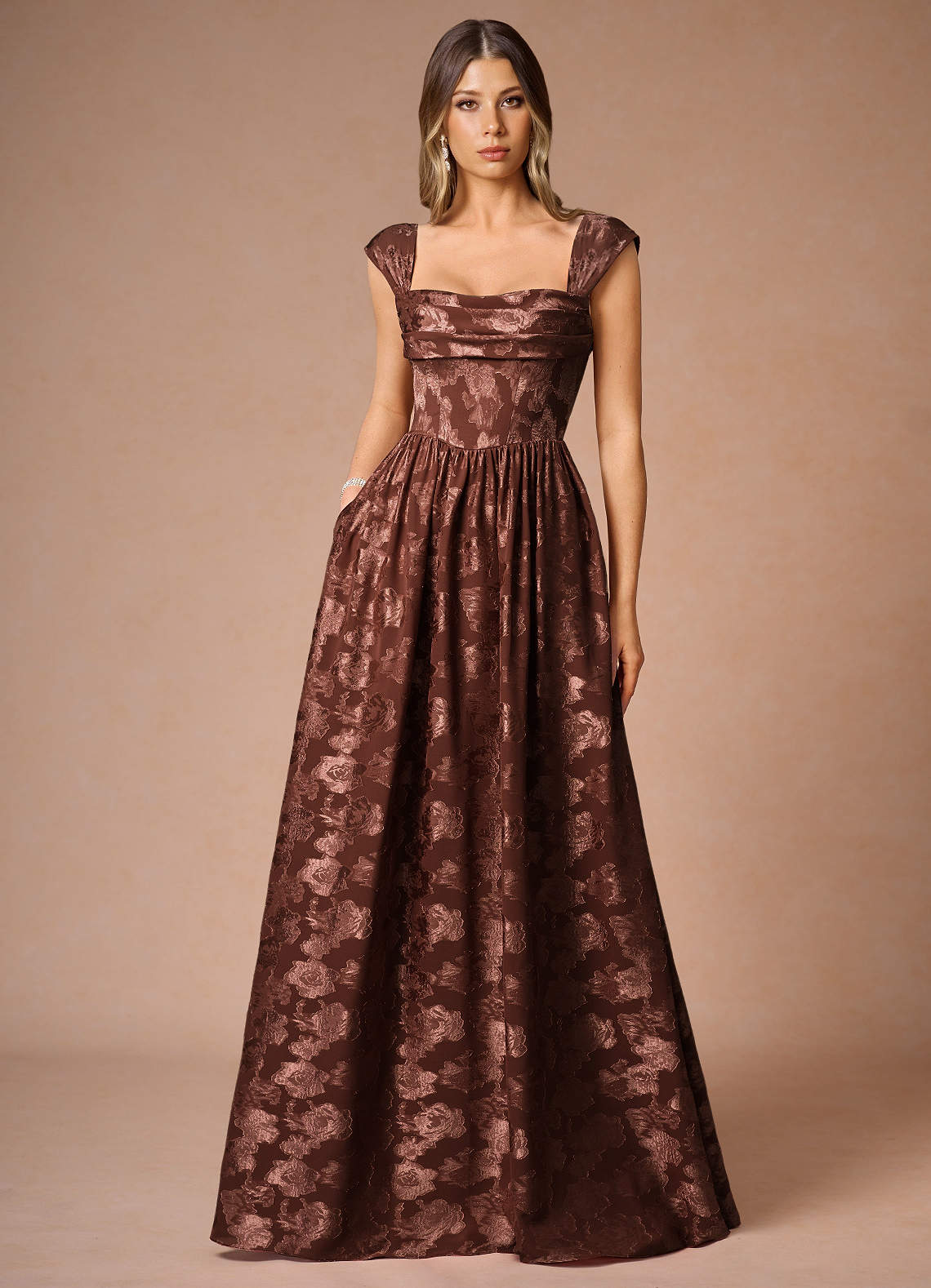 Hazel Mocha Coco Pleated Maxi Dress | Azazie