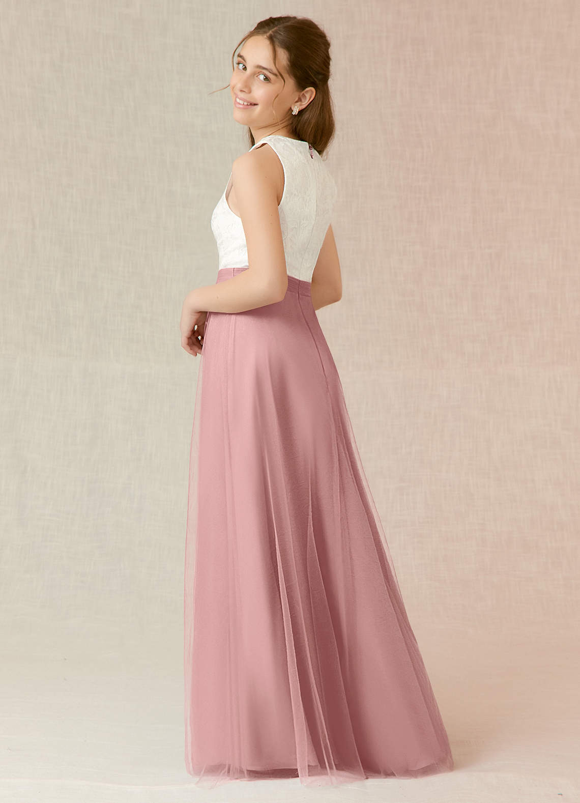 Azazie Albertine Junior Vestido de Rosa Polvorienta de Gasa de Corte en A con Encaje image1