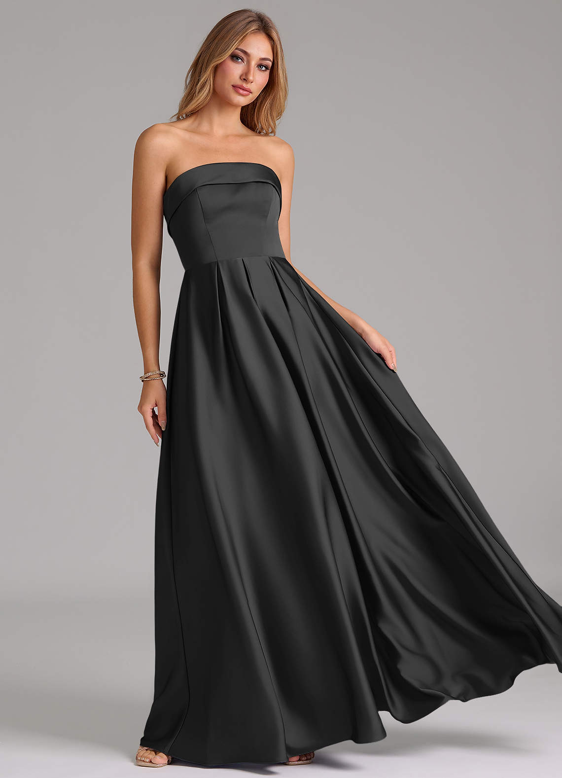 Azazie Lucienne Bridesmaid Dresses Black A-Line Strapless Stretch Satin Convertible Dress image7