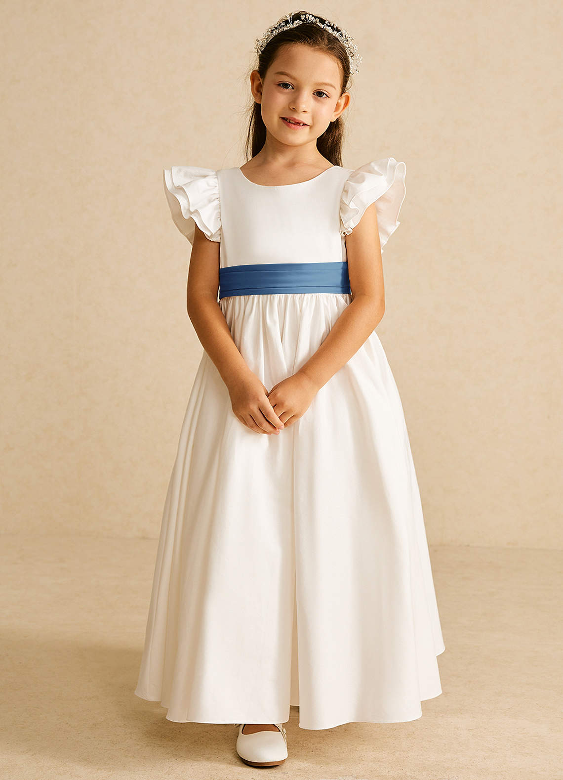 Azazie Aero Flower Girl Dresses Ivory Steel Blue A-Line Pleated Cotton Dress image3