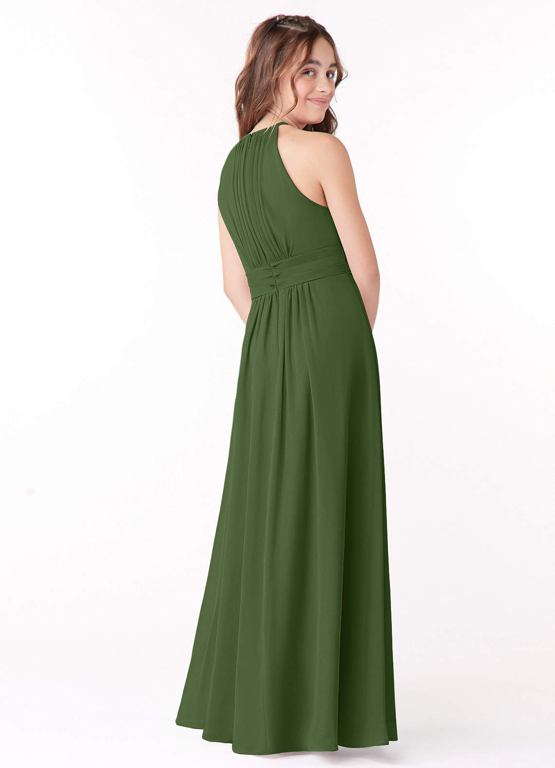 Azazie Bonnie Junior Olive A-Line Pleated Chiffon Dress image2