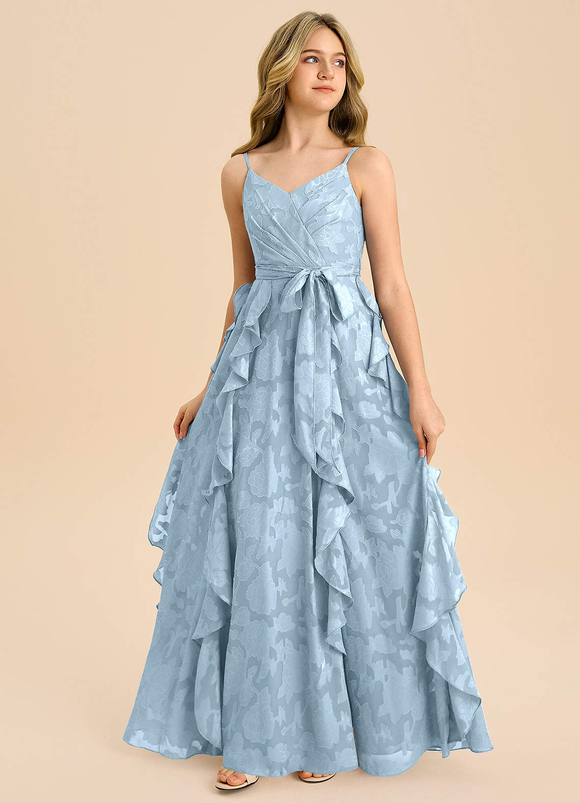 Azazie Peyton Junior Vestido de Azul Cielo de Devorado Floral de Corte en A con Plisado image3